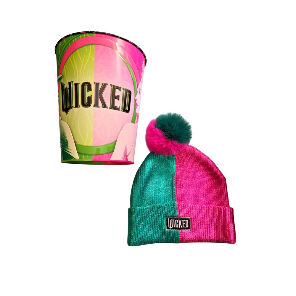 Wicked Movie Universal Beanie Hat and 130oz Popcorn Tin Set Pink Green Fangirl